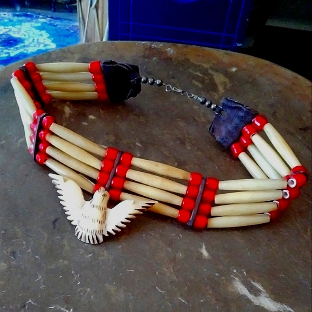 Large Vintage Choker Natural, Red Glass Bone Leather Silver Necklace